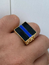 HarlemBling 14k Gold Over REAL Solid 925 Silver Ring Blue Lives Matter Thin Blue Line Police