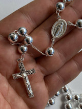 HarlemBling Mens Large Rosary Beads Necklace Solid 925 Sterling Silver Rosario ITALY 8mm