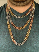 HarlemBling 12mm Mens Miami Cuban Link Chain 3 Tri Color Real Gold Over Stainless 18-30