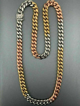 HarlemBling 12mm Mens Miami Cuban Link Chain 3 Tri Color Real Gold Over Stainless 18-30