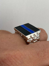 HarlemBling Solid 925 Sterling Silver Nugget Ring Blue Lives Matter Thin Blue Line Police