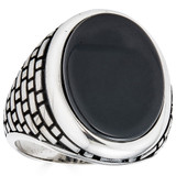 Large Oval Brick Road Ring - 925 Silver Oxidized W. Silver Bezel - Genuine Black Onyx Stone