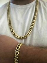 HarlemBling 10mm Mens Miami Cuban Link Bracelet and Chain Set 14k Gold Plated Stainless Steel