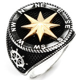Sailor's Compass Ring - 925 Silver Oxidized W. Gold Accent - Plain