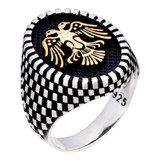 Albanian Eagle Ring - 925 Silver Oxidized W. Gold Accent - Plain