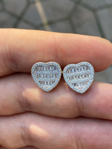 HarlemBling Solid 925 Sterling Silver Iced Heart Stud Earrings Mens Ladies Baguette Diamond