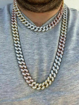 HarlemBling 15mm Mens Miami Cuban Link Chain 925 Sterling Silver Diamonds HIP HOP Tri Color