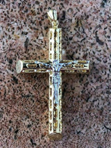 HarlemBling Mens 14k Yellow Gold Over 925 Silver Large 2x3 Cross W Jesus Pendant Chain