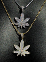 HarlemBling Mens Solid 925 Silver Real Icy Marijuana Weed Pot Leaf Diamond Pendant 14k Gold