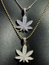 HarlemBling Mens Solid 925 Silver Real Icy Marijuana Weed Pot Leaf Diamond Pendant 14k Gold