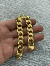 HarlemBling Mens Miami Cuban Link Bracelet 14k Gold Over Solid 925 Sterling Silver 14mm 53g
