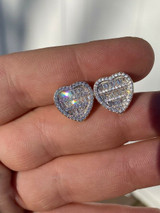 HarlemBling 14k Gold 925 Sterling Silver Iced Heart Earrings - Mens Ladies Baguette Diamonds