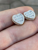 HarlemBling 14k Gold 925 Sterling Silver Iced Heart Earrings - Mens Ladies Baguette Diamonds
