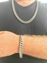 HarlemBling 12mm Miami Cuban Link Bracelet and Chain Set Stainless Steel Looks Like Silver Men