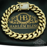 HarlemBling Mens Cuban Miami Link Bracelet and Chain Set 14k Gold Plated 12mm Diamond Clasp