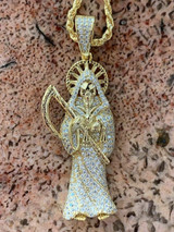 HarlemBling Mens Solid 925 Sterling Silver Fully Iced Santa Muerte Grim Reaper Death Pendant