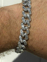 HarlemBling Mens Miami Cuban Link Bracelet Real Solid 925 Silver Baguette Diamonds Heavy