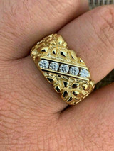 HarlemBling Mens 14k Gold Over REAL Solid 925 Sterling Silver Diamond Nugget Ring Sz 7-13