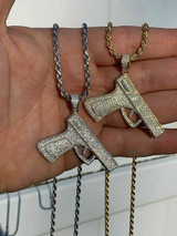 HarlemBling Solid 925 Silver Gun Pendant 9mm Pistol Pendant W Rope Chain Large 2 SUPER ICY