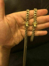 HarlemBling 8mm Mens Cuban Miami Link Bracelet and Chain Set 14k Gold Plated Stainless Steel