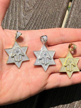 HarlemBling Solid 925 Silver Iced Icy Magen David Star W Hamsa Mens Diamond Star 14k Plated