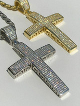 HarlemBling Mens Solid 925 Silver Cross Pendant Real ICED 3ct Diamond 14k Gold W Rope Chain