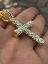 HarlemBling Mens Braided Rope Cross 1ct CZ W Chain 1x2 Pendant 14k Gold Solid 925 Silver