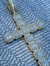 HarlemBling Mens 925 Sterling Baguette Diamond Cross Pendant Iced Gold Silver Necklace BIG
