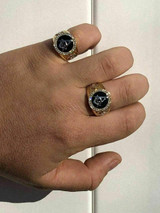 HarlemBling Mens 14k Gold and Real Solid 925 Silver Free Mason Masonic G Black Onyx Ring Pinky