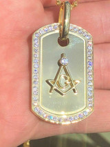 HarlemBling Sterling Silver 925 14k Gold Plated Free Mason Masonic Dog Tag Diamond Pendant