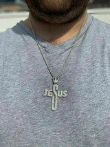 HarlemBling Mens Solid 925 Silver Large Cross W Crown Jesus Piece Pendant Real Iced Letters