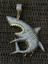 HarlemBling Solid 925 Silver Shark Pendant Diamond 2 Big Piece Hip Hop Real ICED Migos