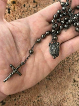 HarlemBling Mens Rosary Beads Necklace Oxidized Black Solid 925 Silver Rosario ITALY Cross