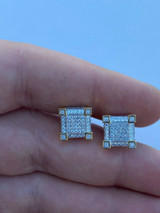 HarlemBling Mens Real Solid 925 Silver Iced CZ Hip Hop Earrings Stud 14k Gold Aretes Hombre