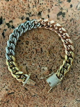 HarlemBling 12mm Mens Miami Cuban Link Bracelet Tri Color Gold Over SS Icy Diamond Clasp