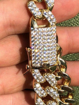 HarlemBling Mens Cuban Miami Link 15mm Chain 14k Yellow Gold Over Solid 925 Silver Diamonds