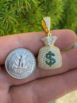 HarlemBling Solid 925 Silver Hip Hop Money Bag Emoji Pendant Necklace Iced Dollar Sign