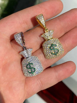 HarlemBling Solid 925 Silver Hip Hop Money Bag Emoji Pendant Necklace Iced Dollar Sign