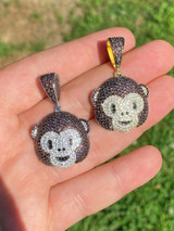 HarlemBling Real Solid 925 Silver Hip Hop Monkey Face Emoji Pendant Necklace Iced Gold