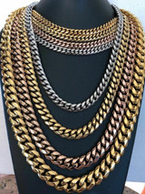 HarlemBling Mens Miami Cuban Link Chain - Gold Plated Stainless Steel 8-18mm Yellow/Rose/White