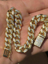 HarlemBling Mens Miami Cuban Link Bracelet 14k Yellow Gold Over Solid 925 Silver Diamonds