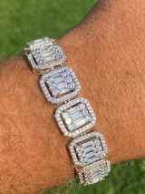 HarlemBling Mens Real Solid 925 Silver Baguette Iced Bracelet 15mm Thick Bust Down Diamonds