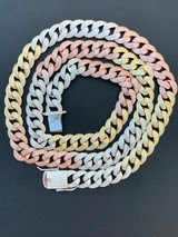 HarlemBling Mens Miami Cuban Link 12mm Chain Solid 925 Silver Tri Color 18 Choker - 30 Icy