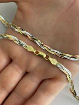 Handmade 925 Silver Tri Color Yellow Rose Gold Twisted and Braided Herringbone Chain Necklace