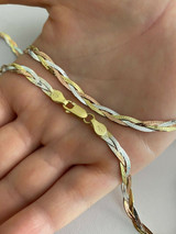 Handmade 925 Silver Tri Color Yellow Rose Gold Twisted and Braided Herringbone Chain Necklace