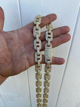 HarlemBling Mens 14k Gold Over Solid 925 Sterling Silver Baguette Gucci Link Chain Iced 15mm