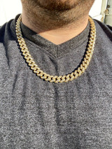 HarlemBling 14k Gold Over Solid 925 Silver 12mm Baguette Diamond Miami Cuban Link Chain Mens