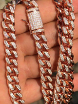 HarlemBling 14k Rose Gold Over Solid 925 Silver Mens Miami Cuban Link Chain 10mm Rapper ICY