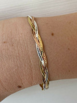 HarlemBling Solid 925 Silver Tri Color Yellow Rose Gold Twisted Braided Herringbone Bracelet Matte Finish