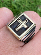 Italiano Silver, Inc Mens 14k Gold and Real Solid 925 Sterling Silver Christian Cross Ring Oxidized